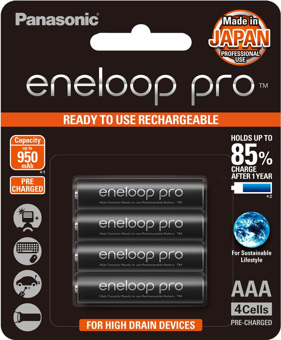 Eneloop Pro AAA Pre-Charged Rechargeable Batteries, 4-Pack (BK-4HCCE/4BT)